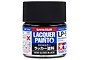 A small glass jar of Tamiya LP-5 Semi Gloss Black lacquer paint with a black screw-on lid against a white background.