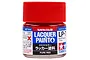 A 10ml glass jar of Tamiya LP-7 Pure Red lacquer paint with a red screw-top lid, featuring white, blue, and red branding labels.