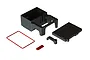 ARRMA radio box set including a black plastic receiver box, lid with ARRMA logo, red rubber gasket, and small mounting components.