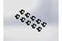 A set of ten black button head hex screws arranged in a staggered pattern against a plain light grey background.