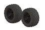 Two ARRMA dBoots Fortress monster truck tyres pre-glued onto black multi-spoke wheels, shown against a white background.