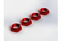 Four red anodized aluminium 17mm serrated wheel nuts for ARRMA RC vehicles arranged in a diagonal line on a white background.