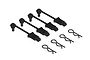 Four black rubber body pin retainers and four metal R-clips for RC car bodies.