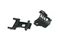 Two black plastic ARRMA RC car parts, a rear skid plate and a motor protector, isolated on a white background.
