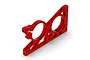 A red anodized aluminium RC car bulkhead component with two large circular openings and various mounting holes, shown against a white background.