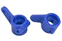 Two blue RPM RC front steering hubs for Traxxas vehicles, shown from an angle against a white background.