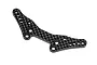 A carbon fiber rear shock tower for an HPI RS4 RC car, featuring a woven pattern and multiple mounting holes.