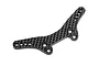 A carbon fiber front shock tower for an HPI RS4 RC car, showing the weave pattern and multiple mounting holes.