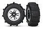 Two Traxxas 2.2/3.0 inch sand paddle tires pre-glued to black and silver split-spoke wheels, shown from front and side angles.