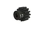 A black Traxxas 13-tooth steel pinion gear with the number 13 printed on the side, isolated against a white background.
