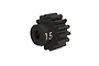 A black Traxxas 15-tooth steel pinion gear with the number 15 printed on the side, shown against a plain white background.