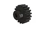 A black 18-tooth steel pinion gear with the number 18 printed on the side, isolated against a white background.