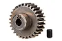 A metal 29-tooth pinion gear with a small black grub screw beside it, isolated on a white background.
