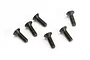 Six black metal countersunk head screws arranged on a white background.
