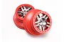 Two Traxxas 2.2/3.0 inch split spoke RC wheels with red outer rims and chrome centers against a white background.