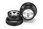 Two Traxxas short course RC wheels with satin chrome spokes and black outer rims, shown against a white background.