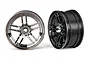 Two black chrome split-spoke RC car wheels shown from front and side angles against a white background.