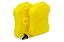 Two bright yellow scale model jerry cans for the Traxxas TRX-4 Land Rover Defender, shown with a single black mounting screw on a white background.