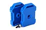 Two blue plastic scale jerry cans for Traxxas TRX-4 RC crawler, shown with a single mounting screw on a white background.