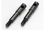 Two black metal front wheel axles for Traxxas RC vehicles, shown side-by-side on a white background.
