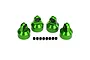 Four bright green anodized aluminium shock caps for Traxxas RC cars, arranged with a row of eight small black spacers on a white background.