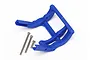 A blue Traxxas wheelie bar mount made of molded plastic, accompanied by three metal screws, isolated on a white background.