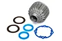 Traxxas X-Maxx aluminium differential case set including a metal housing, two blue rubber seals, two metal shims, and a blue gasket.