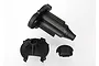 Traxxas rear gearbox housing set components including the main housing, cover, and a small access plate on a white background.