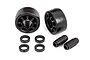 Two black plastic wheelie bar wheels, four small spacers, and two axle pins for Traxxas X-Maxx RC car.