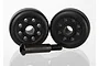 Two black plastic RC wheelie bar wheels and a single metal axle screw on a white background.