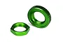 Two green anodized aluminium servo saver nuts for Traxxas RC vehicles, shown against a white background.