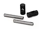 Traxxas X-Maxx steel CV drive pin rebuild kit components including two metal pins and two black cylindrical bushings on a white background.