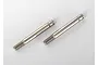 Two silver-coloured metal RC shock shafts with threaded ends, positioned diagonally on a white background.