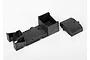 A black plastic Traxxas receiver box and separate cover on a white background.