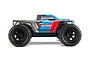 Side profile of the ARRMA Granite Voltage 1/10 scale RC monster truck in blue, grey, and red livery with large black off-road tires.
