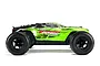 Side profile of an ARRMA Fazon Voltage RC monster truck in green and black, featuring aggressive tread tires and a sleek body design.