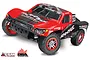 Traxxas Slash 1/10 scale RC short course truck in red and black livery with sponsor decals, featuring TSM and OBA branding logos below.