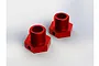 Two red anodized aluminium 17mm wheel hexes for ARRMA RC vehicles, shown from a high angle against a plain white background.