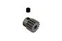A 16-tooth metal pinion gear and a small black grub screw isolated on a white background.