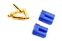 A pair of E-Flite EC5 connectors featuring blue plastic housings and gold-plated bullet terminals on a white background.