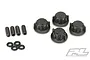 Pro-Line Secure-Loc body mount set including four black plastic thumb nuts, four metal grub screws, and four black rubber O-rings on a white background.