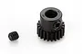 A black steel 21-tooth pinion gear with a separate grub screw on a white background.