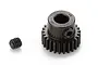 A black steel 25T pinion gear with a set screw, isolated on a white background.
