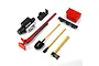 A set of 1/10 scale RC rock crawler accessories including a winch, jack, shovel, crowbar, axe, and fuel can on a white background.