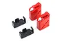 Two red 1/10 scale jerry cans with silver caps and two black plastic mounting brackets on a white background.