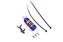 A blue aluminium NOS nitrous oxide bottle scale accessory for RC cars, including a metal mounting bracket, two zip ties, and small screws and nuts.