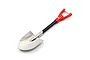 A 1/10 scale miniature shovel with a silver metal blade, black handle, and red D-grip handle against a white background.