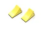 Two yellow aluminium wheel chocks for 1/10 scale RC cars, featuring a triangular shape with a small metal ring on the side and a black base.