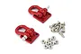 Two red metal D-shackles with mounting brackets, accompanied by a set of small silver screws and nuts, isolated on a white background.