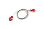 A coiled silver wire tow cable for 1/10 scale RC cars, featuring a bright red metal tow hook attached to each end.